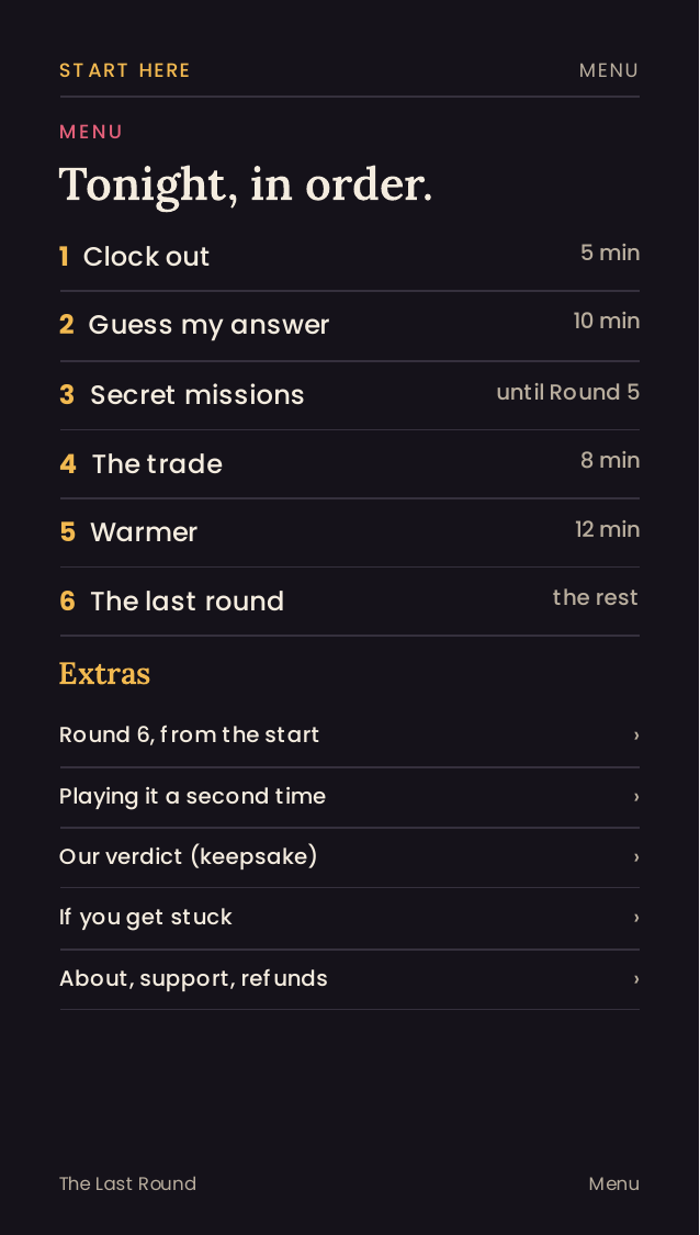 Menu page listing the six rounds with times