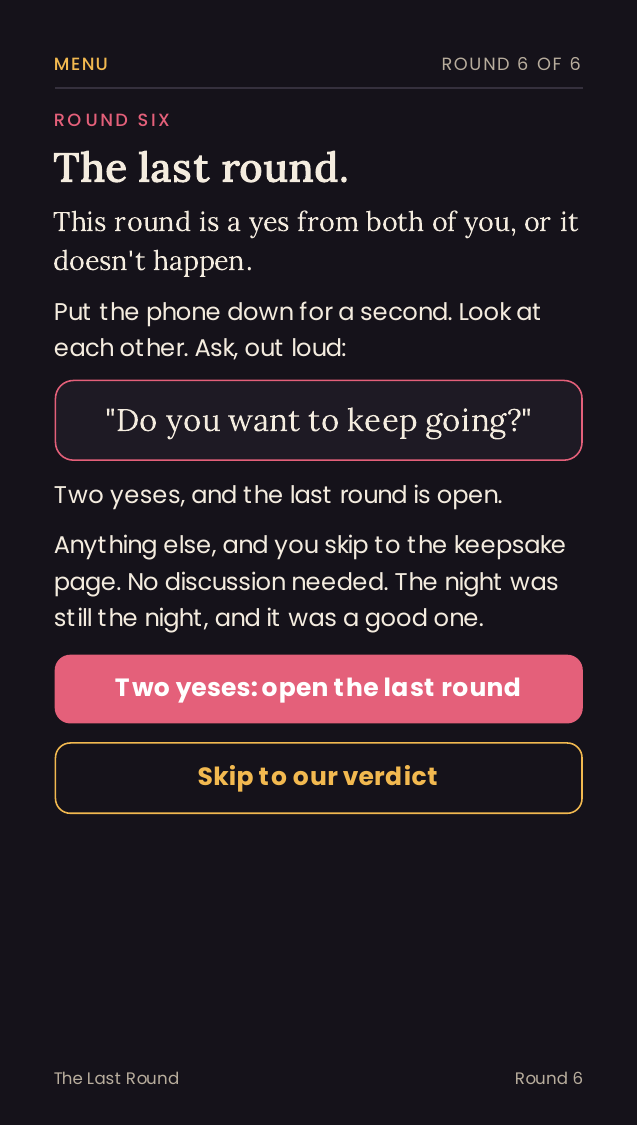 Round 6 gate page asking do you want to keep going