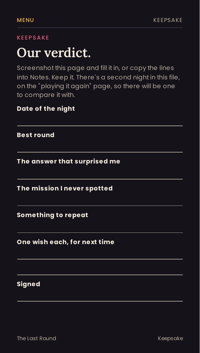 Keepsake page to fill in after the night